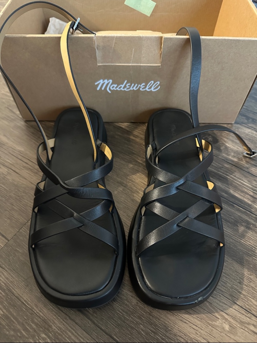 Madewell Black Strappy Leather Flat Sandals